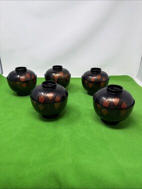 Vintage Set 5 Japanese Lacquerware Miso Soup Rice Round Bowl with Lids